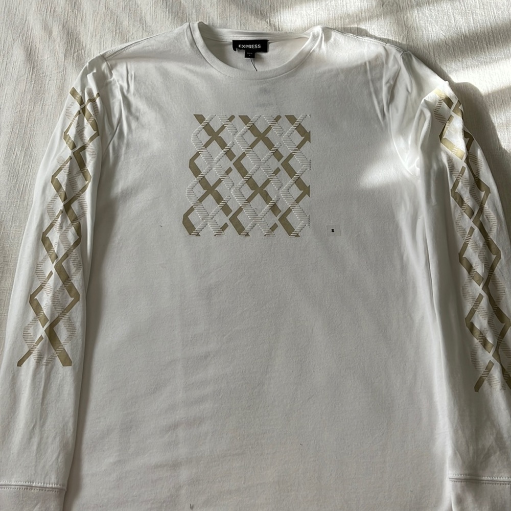 Express Long Sleeve Tee Shirt White with Beige/Tan Details